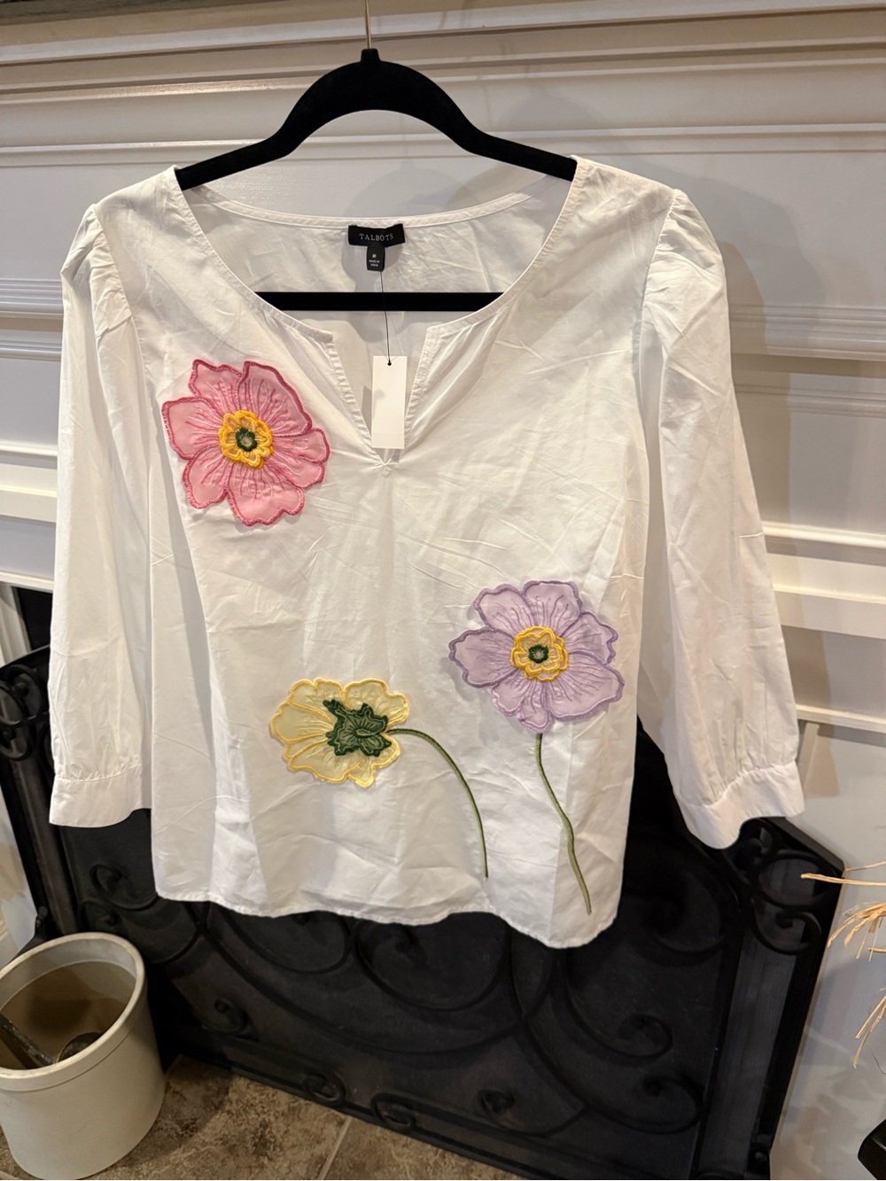 Talbots White Embroidered Floral Split-Neck Top
